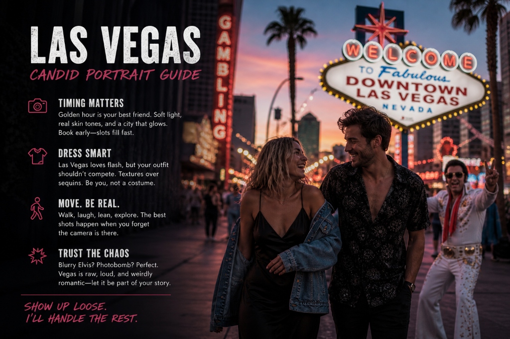 Candid couple walking through downtown Las Vegas at golden hour with neon signs
