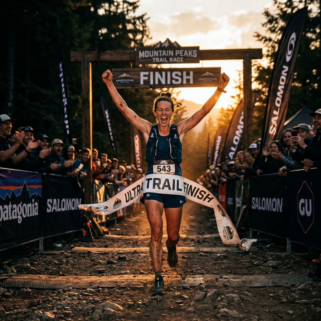 Runner breaking the finish line tape at a trail race at golden hour, crowd cheering in the background — professional race event photography.